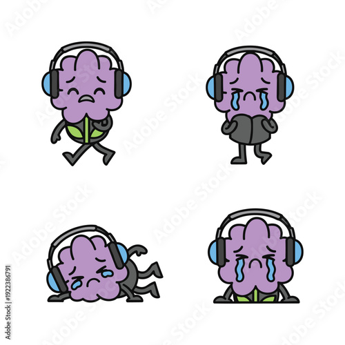 Crying brain character set with headphones in various poses on white background