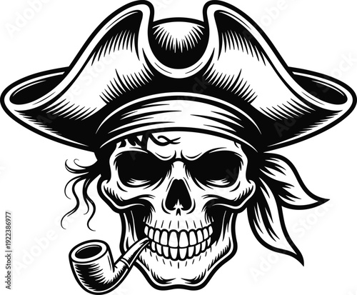 Vintage pirate skull with tricorn hat and smoking pipe, detailed black and white illustration of buccaneer symbol isolated on white background