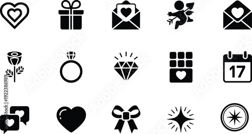 Valentine’s Day romance silhouette illustration featuring hearts, gifts, cupid, rose, ring, chocolates, and love symbols representing celebration, affection, and relationship graphics