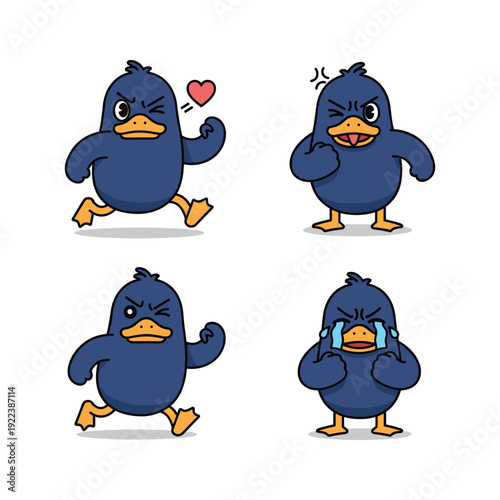 Cartoon bluebird expressing different emotions on white background