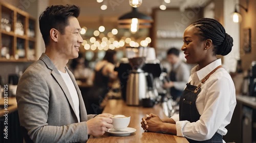 Friendly barista serves coffee to customer in modern cafe