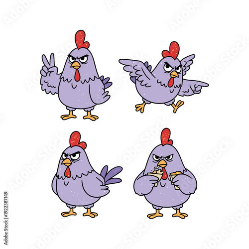 Cartoon chickens showing different gestures and emotions with attitude