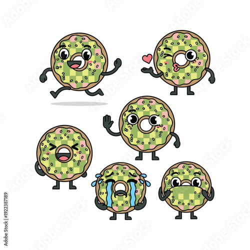 Cartoon donuts with different facial expressions and emotions on white background