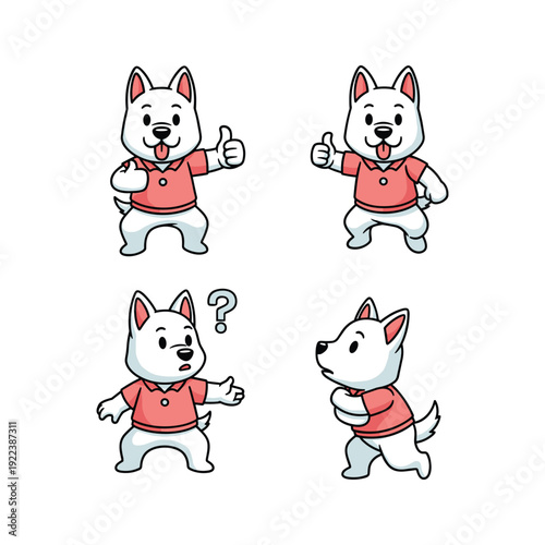 Cartoon dog character showing various emotions and gestures with copy space