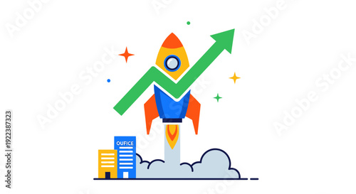 Rocket Launching Upwards with Growth Chart and Office Buildings