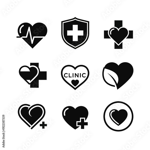 Set of nine distinct black medical heart icons, including hearts with crosses, shields, and other healthcare symbols