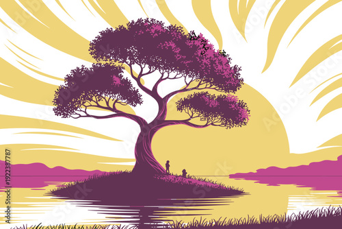 Dreamy sunset tree illustration, fantasy lakeside landscape, glowing sky reflections, people silhouettes, serene nature scene, vibrant retro vector art design