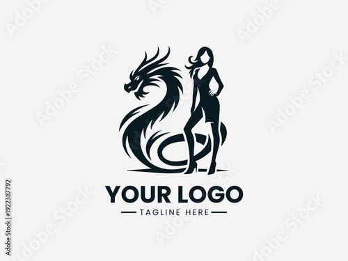 Black silhouette logo design of a woman standing beside a dragon on a white background with text placeholder.