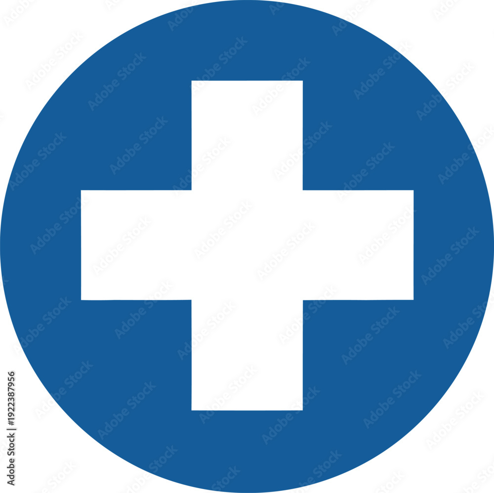Obraz premium Blue circle with white cross symbol isolated on transparent background, isolated on white background, Vector, illustration