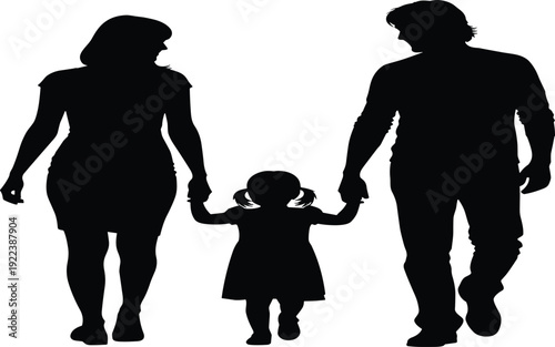 Black silhouette of happy mother and father walking while holding hands with their young daughter, representing family bonding, togetherness, parenting, and childhood love