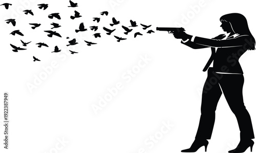 Black silhouette of a professional woman shooting a handgun with birds flying out, representing peace, freedom, non-violence, and creative metaphorical power concept