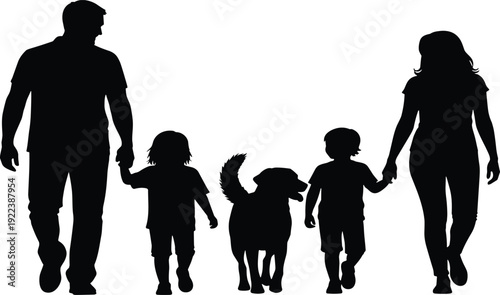 Black silhouette of happy mother and father walking with their two children and pet dog, representing family bonding, togetherness, domestic life, and childhood joy
