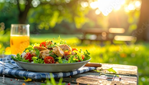 Healthy salad with chicken on wooden table outdoors sunny summer day perfect for advertising wellness and health themes.