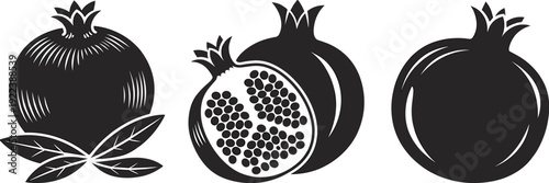 Pomegranate illustration set, whole and sliced fruit silhouettes, black vector icons, organic healthy food design isolated on white background minimal