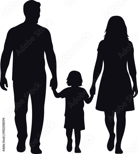 Family Walking Together Holding Hands Silhouette Isolated on White