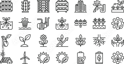 Set of minimalist black and white icons for various categories isolated on transparent background, isolated on white background, Vector, illustration