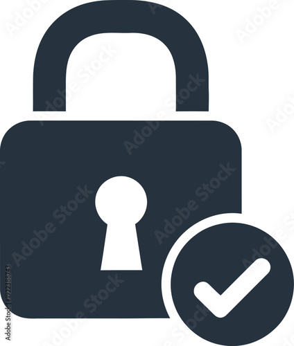 Secure lock icon with checkmark - minimalist security symbol isolated on transparent background, isolated on white background, Vector, illustration