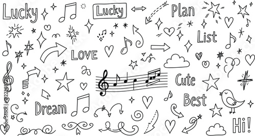 Cute Hand Drawn Doodle Elements Set with Music Notes, Stars, Hearts, Arrows, Lettering and Decorative Sketch Icons Collection