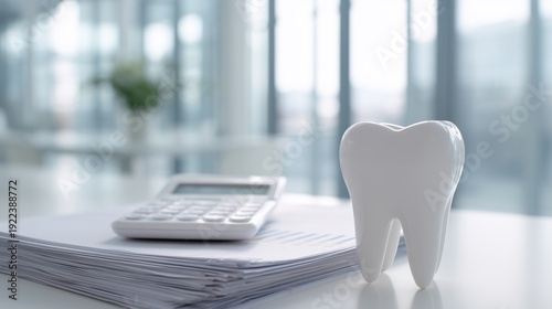 White tooth model stands on documents with calculator in office background