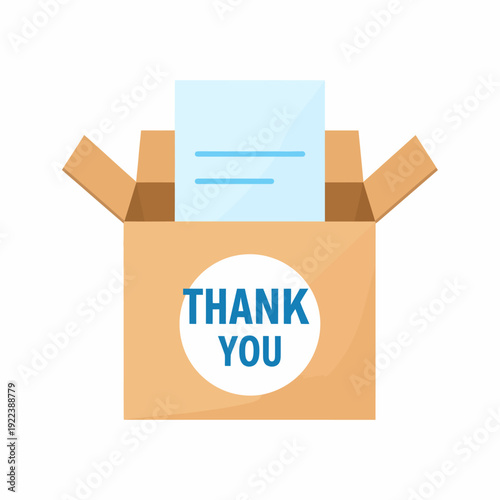 Viewing a simple graphic of an open cardboard box with a white thankyou circle and a blue document protruding, captured as a flat illustration from a front perspective, suitable for logo use