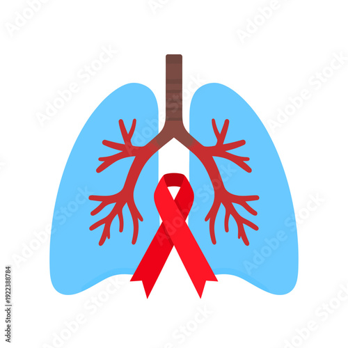Illustrated frontal view of light blue lungs with red bronchi and bronchioles, a brown trachea, and a tilted red ribbon overlay, symbolizing lung cancer awareness in a clean white illustration setting