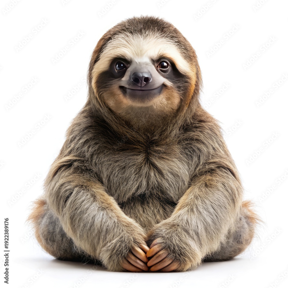 Fototapeta premium Adorable Smiling Sloth Sitting Isolated on White Background