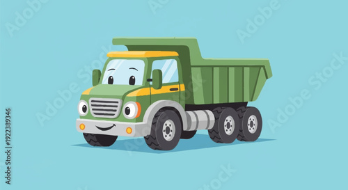A colorful vector illustration of a smiling dumptruck with a green body and yellow accents against a light blue background.