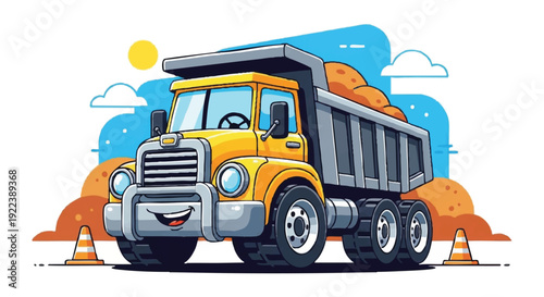 A colorful vector illustration of a dumptruck with orange soil, set against a blue sky with clouds and a sun, featuring traffic cones on a white background.