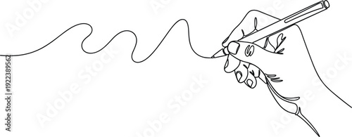 Hand Holding Pen Drawing Continuous Line Wave Sketch Vector Illustration for Creative Writing, Signature and Artistic Design Concept