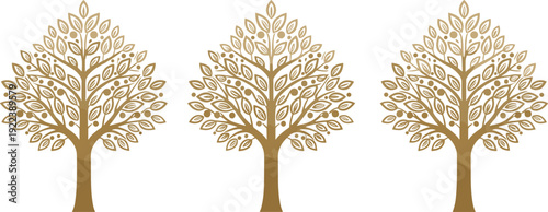 Golden decorative tree pattern set isolated on white background, elegant botanical design element luxury vector illustration clipart collection
