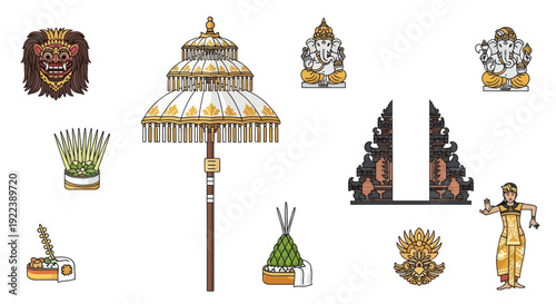 Balinese Culture Icons: Temple Gate, Ganesha, Barong Mask, Umbrella, Dancer