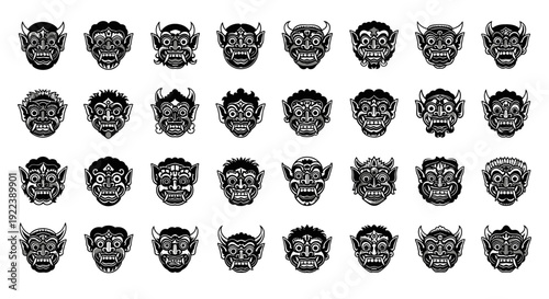 Collection of Diverse Tribal Masks - Black and White Icons