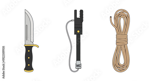 Survival Gear: Knife, Rope, and Multitool on White Background