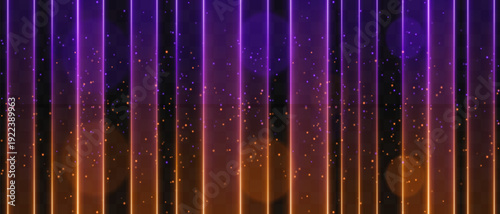 Pink yellow vertical light curtain composition. Bright glowing columns, warm golden base glow, scattered multicolor particles, soft bokeh circles, dark backdrop, vibrant neon luminous atmosphere