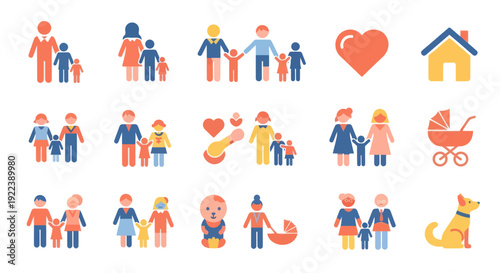 Family Icons Set: Parents, Children, Love, Home, Baby, Pet, Stroller