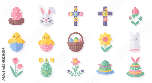 Easter Icons Collection: Bunny, Chick, Egg, Cross, Flowers, Basket