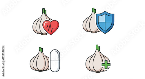 Garlic Health Icons: Heart, Shield, Pill, Plus Sign - Natural Remedy