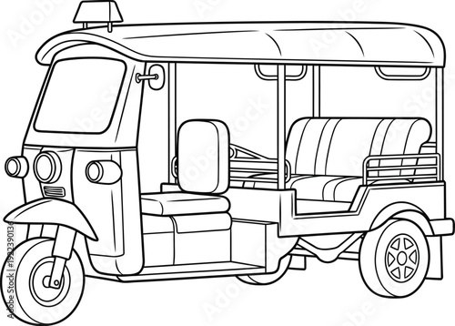 Tuk Tuk Three-Quarter View Outline – Minimal Vector Line Art with Variable Pressure Strokes Black on White