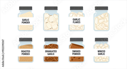 Various Forms of Garlic in Jars: Powder, Flakes, Granulated, Minced, Roasted, Smoked