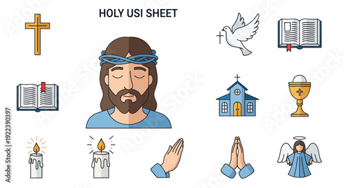 Christianity Symbols Icons Set: Cross, Jesus, Bible, Dove, Angel, Church, Chalice, Candle