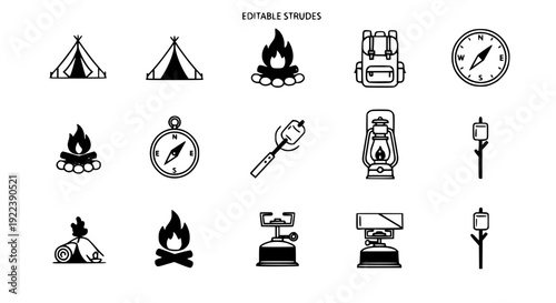Outdoor Camping Icons Collection – High-Quality Editable Stroke Vector