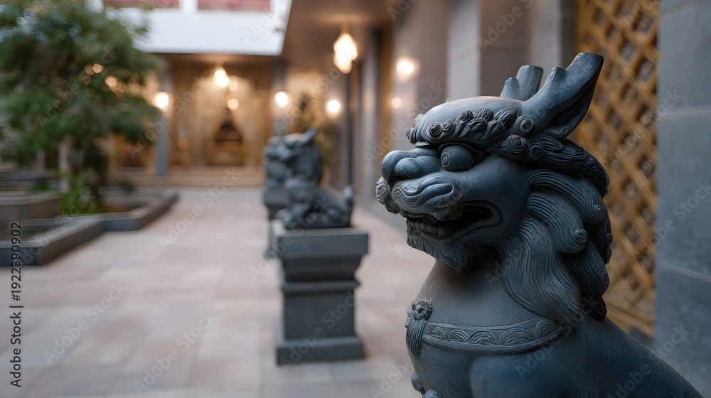 Fototapeta premium Stone guardian lions stand guard in a serene traditional courtyard with ornate architecture and soft evening light