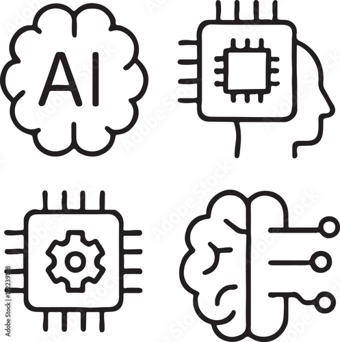 Artificial intelligence and brain technology icon set