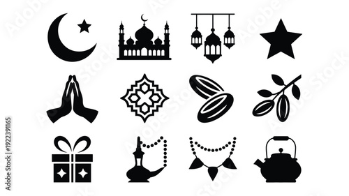 Ramadan kareem islamic symbols and icons set vector illustration featuring crescent moon mosque lanterns praying hands gift tea and more on white background