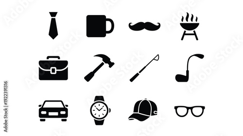 Collection of black father's day icons on white background symbols for dad gift and celebration