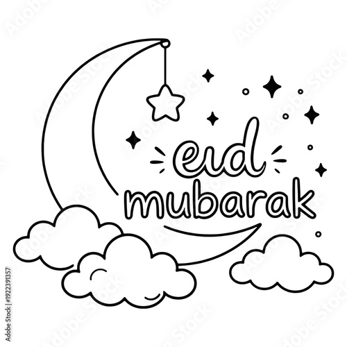 Eid Mubarak lettering with crescent moon stars and fluffy clouds vector line art
