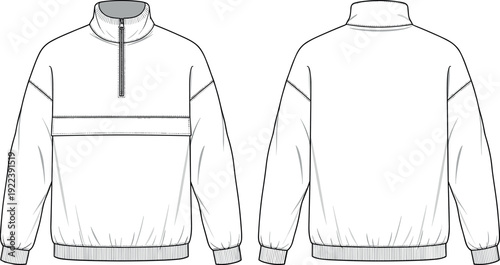 Vector technical flat sketch of blank quarter zip long sleeve pullover sweatshirt front and back view fashion clothing design template
