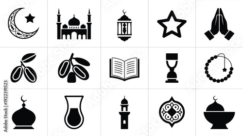 Ramadan kareem icons set with mosque crescent moon star lantern prayer beads and dates on white background