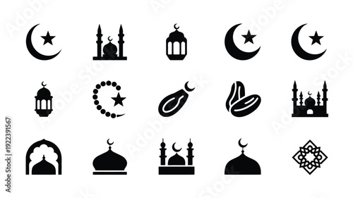 Ramadan kareem islamic icon pack featuring 12 symbols for muslim holidays and festivities in black on white background