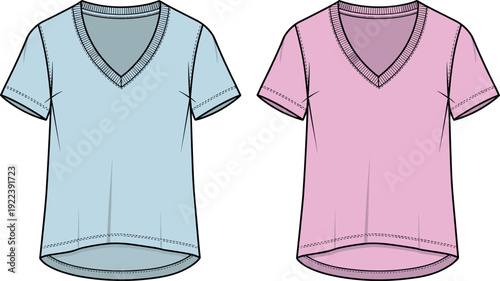 Women basic v neck short sleeve t shirt fashion technical flat sketch vector illustration curved high low hem front view